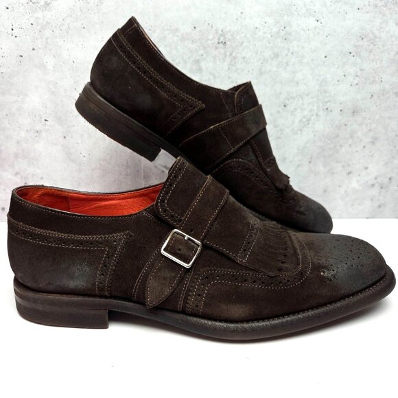 Andrea Ventura Firenze Shoes Brown Distressed Suede Monk Strap Kiltie Size 41 - Picture 1 of 12